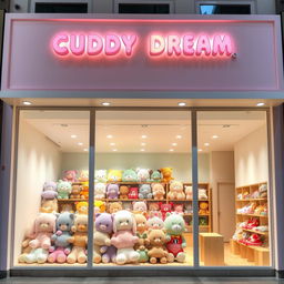 A grand facade of a cute plush toy store named "CUDDY DREAM" prominently displayed at the top