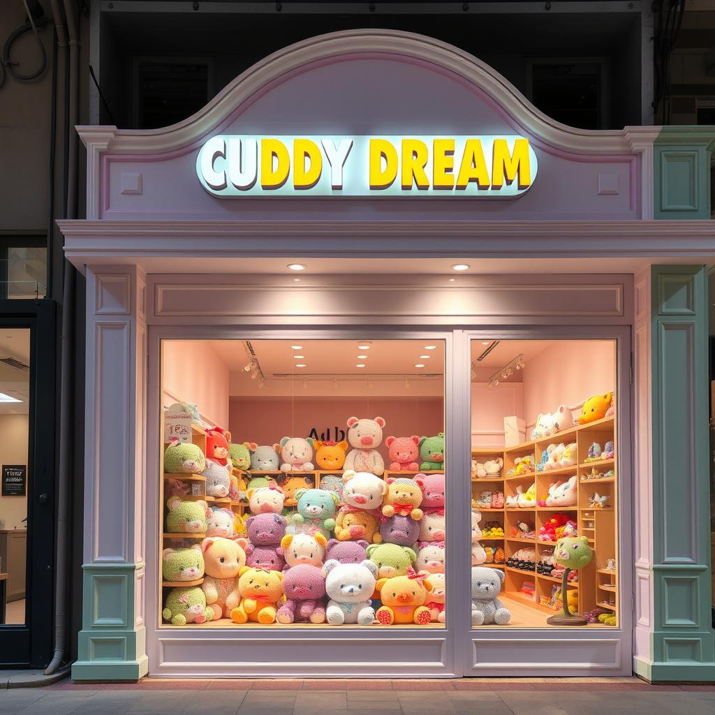 A grand facade of a cute plush toy store named "CUDDY DREAM" prominently displayed at the top