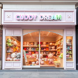 A grand facade of a cute plush toy store named "CUDDY DREAM" prominently displayed at the top