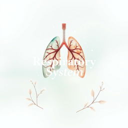 An aesthetic book cover design for a book about the respiratory system, featuring elegant watercolor illustrations of the lungs intertwined with flowing patterns symbolizing airflow