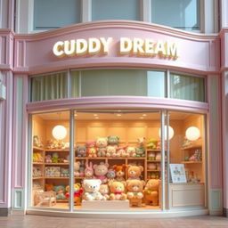 A realistic depiction of a grand facade of a cute plush toy store named "CUDDY DREAM" prominently displayed at the top