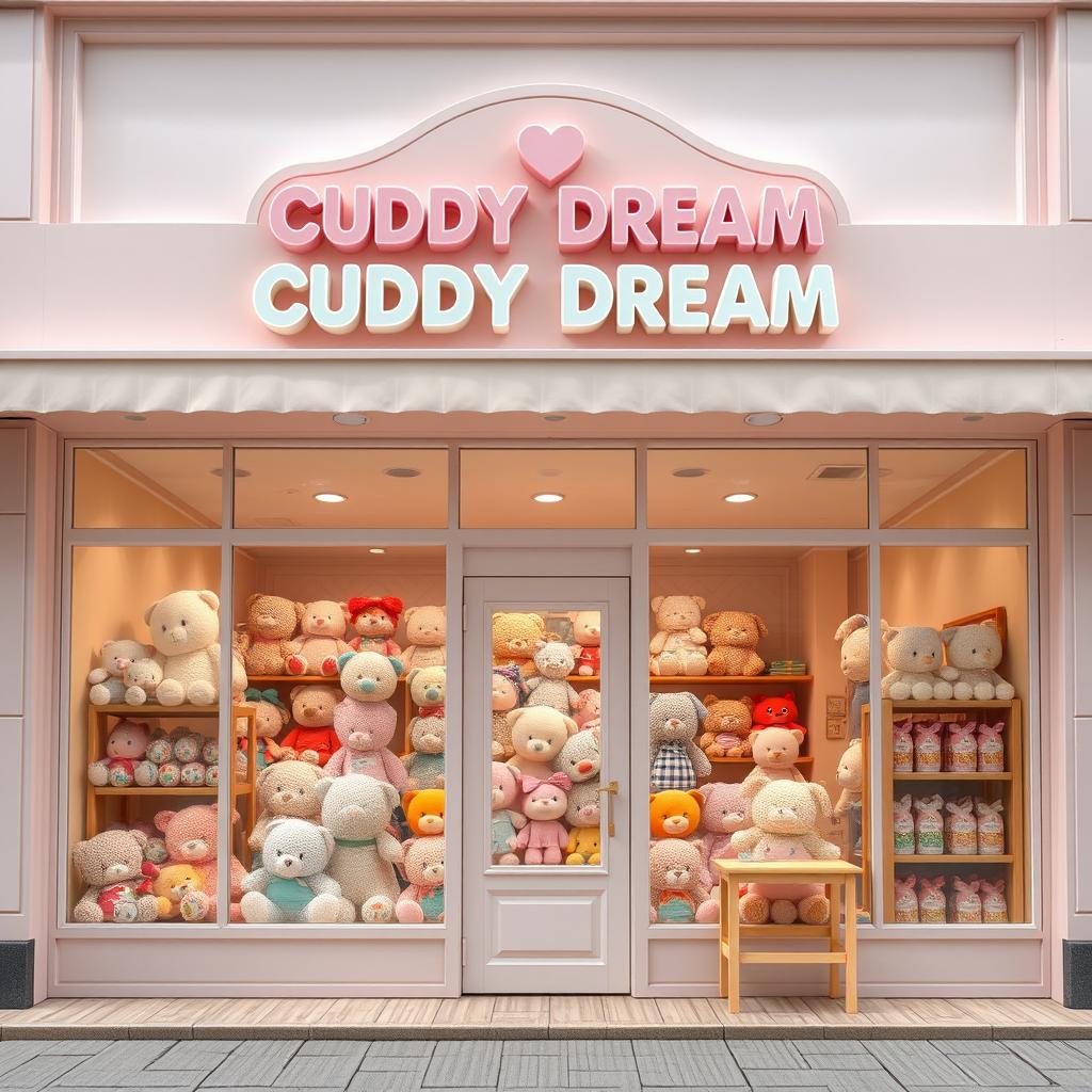 A realistic depiction of a grand facade of a cute plush toy store named "CUDDY DREAM" prominently displayed at the top