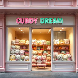 A realistic depiction of a grand facade of a cute plush toy store named "CUDDY DREAM" prominently displayed at the top