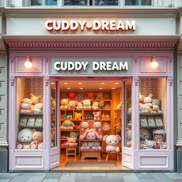 A realistic depiction of a grand facade of a cute plush toy store named "CUDDY DREAM" prominently displayed at the top