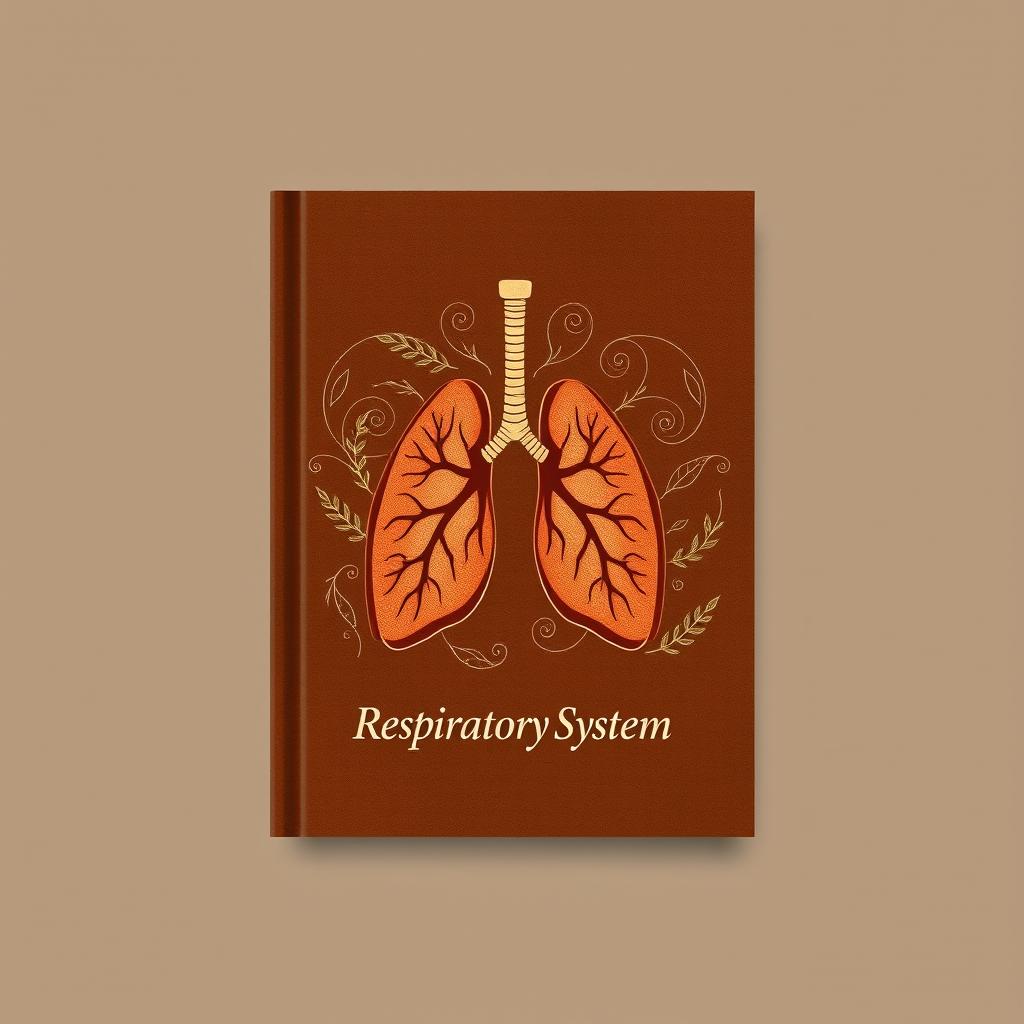 An aesthetic book cover design focusing on the respiratory system, featuring a rich brown color palette with warm tones