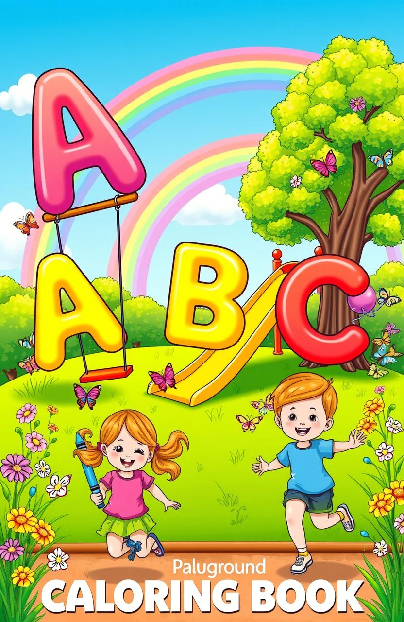 A vibrant playground scene for a coloring book cover with cheerful, colorful letters of the alphabet floating in the air like balloons