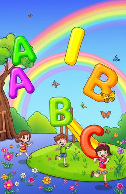 A vibrant playground scene for a coloring book cover with cheerful, colorful letters of the alphabet floating in the air like balloons