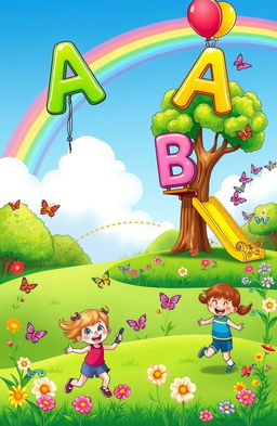 A vibrant playground scene for a coloring book cover with cheerful, colorful letters of the alphabet floating in the air like balloons