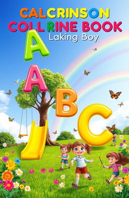 A vibrant playground scene for a coloring book cover with cheerful, colorful letters of the alphabet floating in the air like balloons