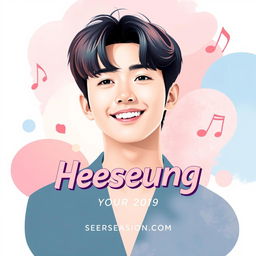 A captivating book cover design centered around Heeseung, featuring a stylish and artistic portrait of a young male idol with charming features and a warm smile