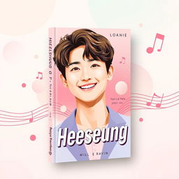 A captivating book cover design centered around Heeseung, featuring a stylish and artistic portrait of a young male idol with charming features and a warm smile