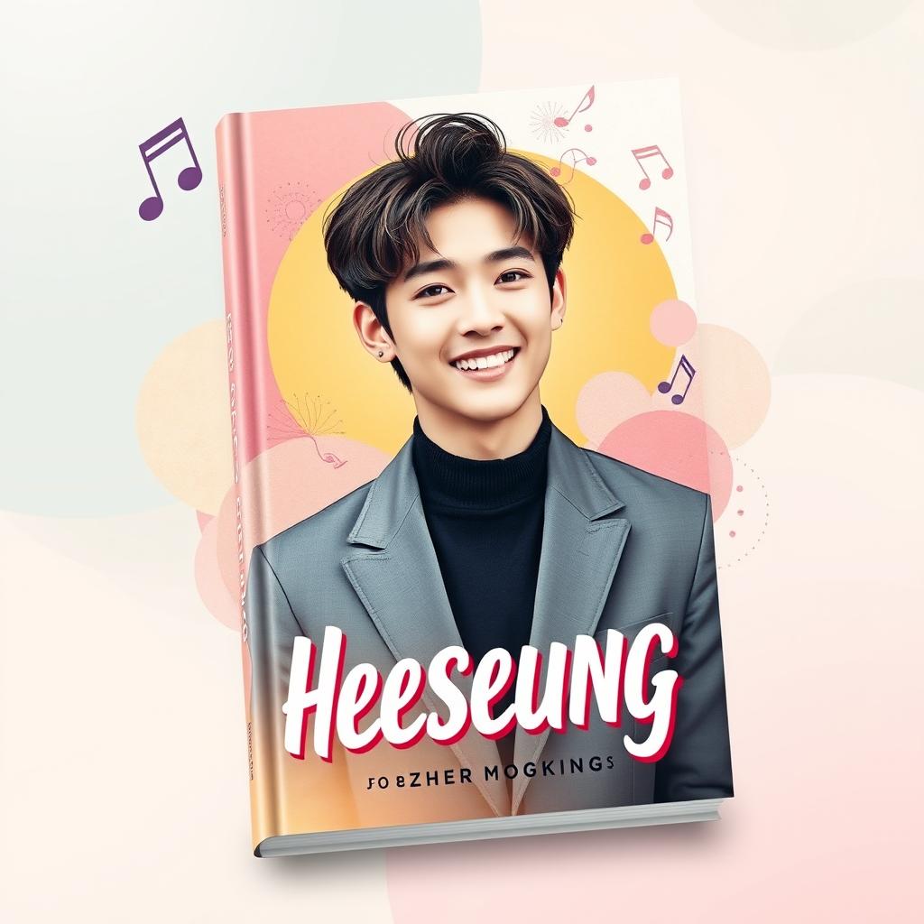 A captivating book cover design centered around Heeseung, featuring a stylish and artistic portrait of a young male idol with charming features and a warm smile