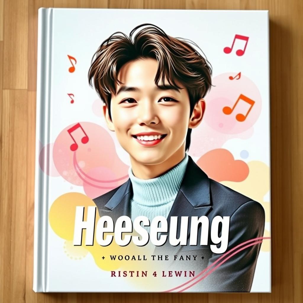 A captivating book cover design centered around Heeseung, featuring a stylish and artistic portrait of a young male idol with charming features and a warm smile