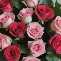 A vibrant bouquet of red and pink roses with lush green leaves, finely dew-kissed, capturing the purest essence of beauty and love.