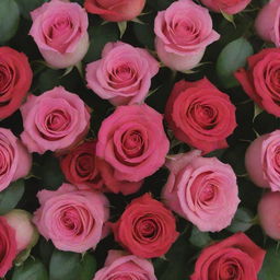 A vibrant bouquet of red and pink roses with lush green leaves, finely dew-kissed, capturing the purest essence of beauty and love.