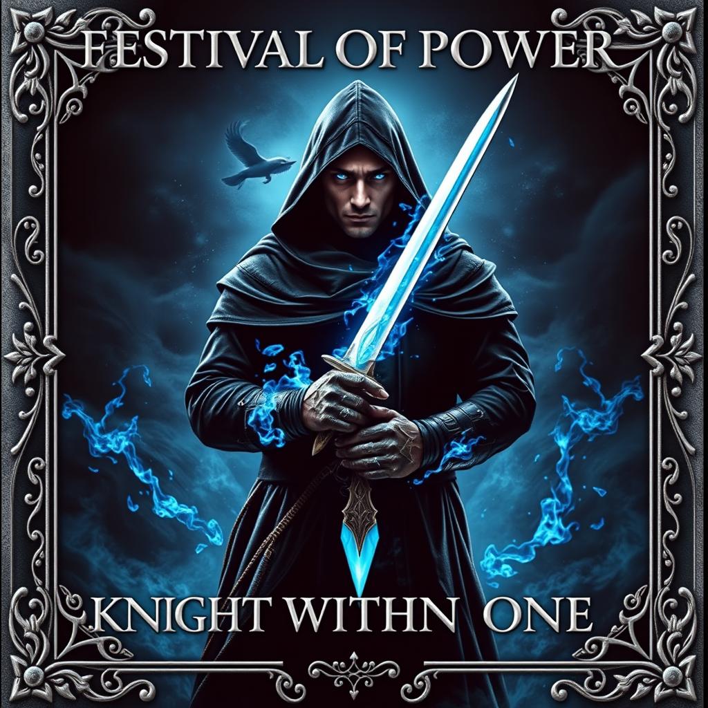 Book cover for 'FESTIVAL OF POWER KNIGHT WITHIN ONE': Set against a dark and mysterious world, a powerful warlock swordsman stands proudly, facing east