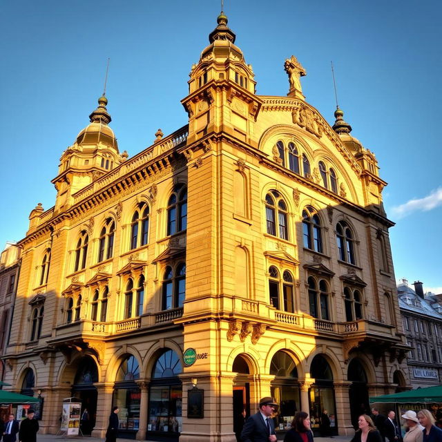 A stunning architectural view of the Bradford Wool Exchange, showcasing its grand Victorian design with intricate stonework, tall arched windows, and ornate decorative details