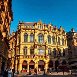 A stunning architectural view of the Bradford Wool Exchange, showcasing its grand Victorian design with intricate stonework, tall arched windows, and ornate decorative details