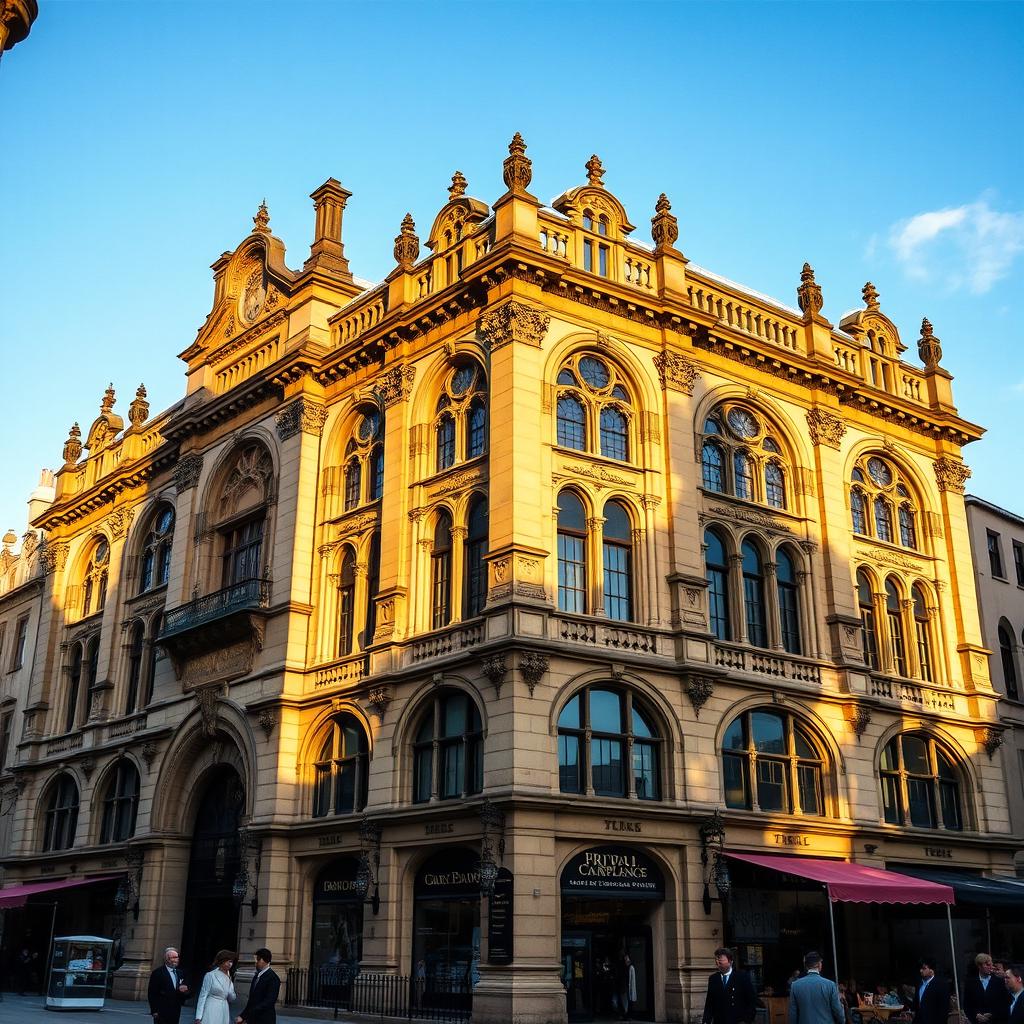 A stunning architectural view of the Bradford Wool Exchange, showcasing its grand Victorian design with intricate stonework, tall arched windows, and ornate decorative details