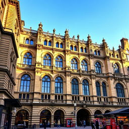 A stunning architectural view of the Bradford Wool Exchange, showcasing its grand Victorian design with intricate stonework, tall arched windows, and ornate decorative details