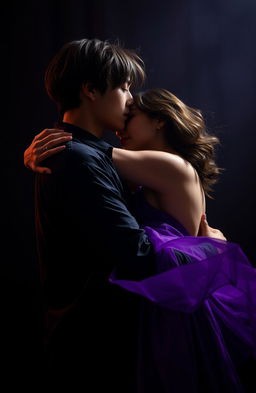 A scene depicting Jungkook from BTS passionately embracing a woman in a dark romance setting