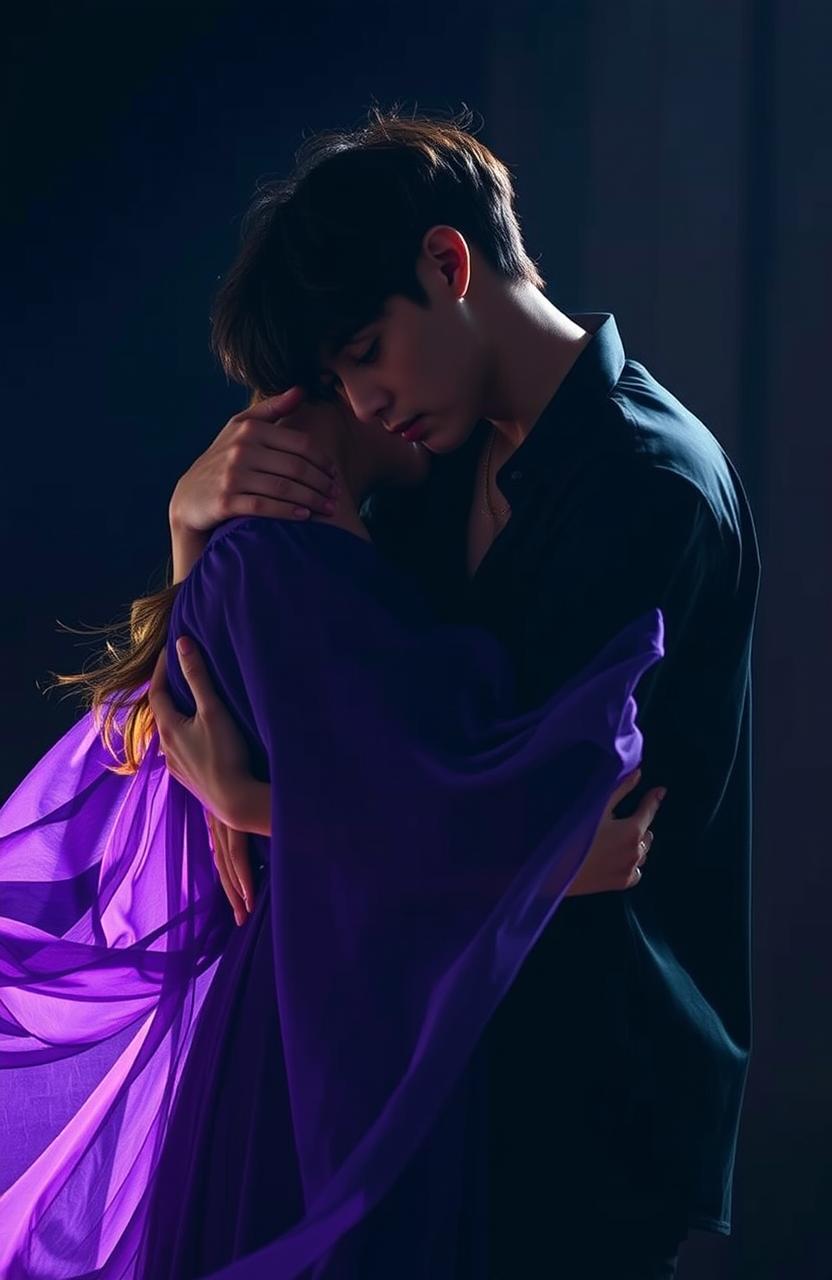 A scene depicting Jungkook from BTS passionately embracing a woman in a dark romance setting