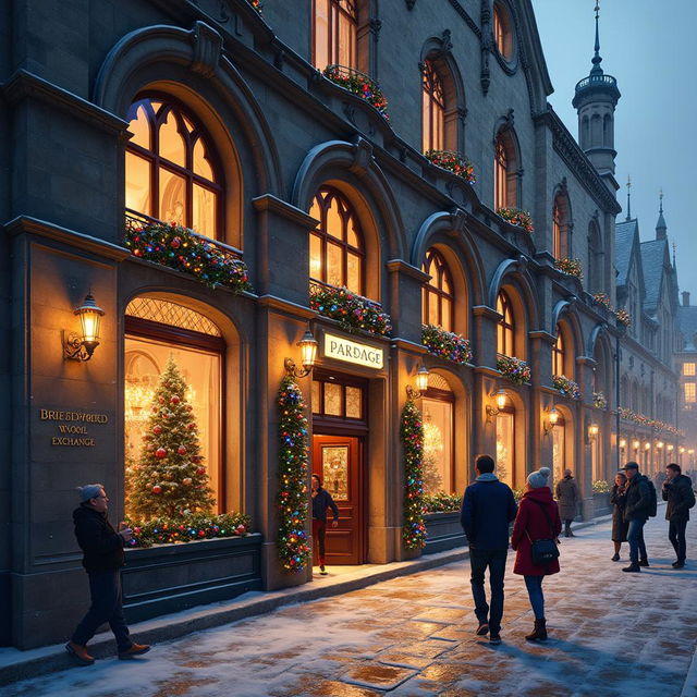 A stunning depiction of the Bradford Wool Exchange building in West Yorkshire, UK, beautifully decorated for a festive celebration