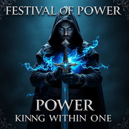 Book cover for 'FESTIVAL OF POWER KNIGHT WITHIN ONE': The setting is a dark, captivating world, featuring a powerful warlock swordsman standing with confidence, facing east