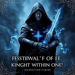 Book cover for 'FESTIVAL OF POWER KNIGHT WITHIN ONE': The setting is a dark, captivating world, featuring a powerful warlock swordsman standing with confidence, facing east