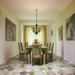 A 12x10 dining room featuring a dining table set on a checkered marble floor, alternating between white and green tiles. The room is tastefully lit, amplifying the room's colors, and patterns.