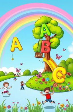 A vibrant and playful playground scene for a coloring book cover, featuring cheerful, colorful letters of the alphabet as if they are floating in the air like balloons