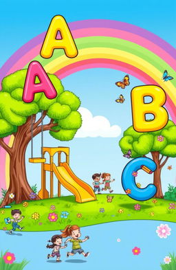 A vibrant and playful playground scene for a coloring book cover, featuring cheerful, colorful letters of the alphabet as if they are floating in the air like balloons