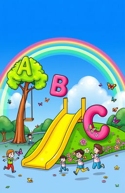 A vibrant and playful playground scene for a coloring book cover, featuring cheerful, colorful letters of the alphabet as if they are floating in the air like balloons