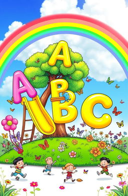 A vibrant and playful playground scene for a coloring book cover, featuring cheerful, colorful letters of the alphabet as if they are floating in the air like balloons