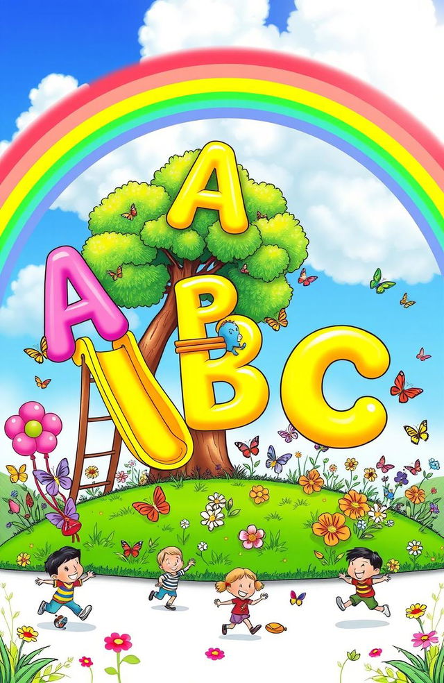 A vibrant and playful playground scene for a coloring book cover, featuring cheerful, colorful letters of the alphabet as if they are floating in the air like balloons