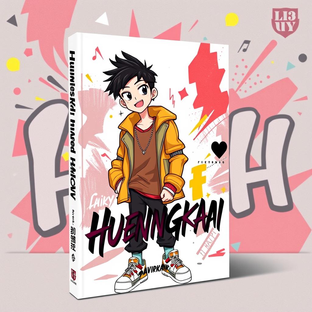 A stylish and trendy book cover design featuring Hueningkai, depicted as a cool boy