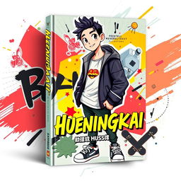 A stylish and trendy book cover design featuring Hueningkai, depicted as a cool boy