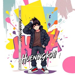 A stylish and trendy book cover design featuring Hueningkai, depicted as a cool boy