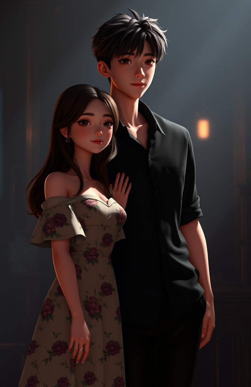 3D animation scene featuring Jungkook from BTS alongside a woman in a dark romance setting