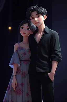 3D animation scene featuring Jungkook from BTS alongside a woman in a dark romance setting