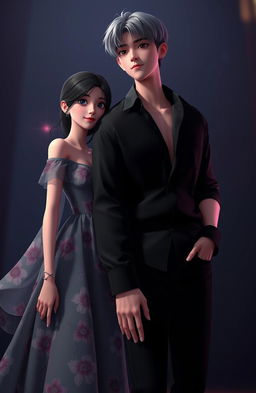 3D animation scene featuring Jungkook from BTS alongside a woman in a dark romance setting