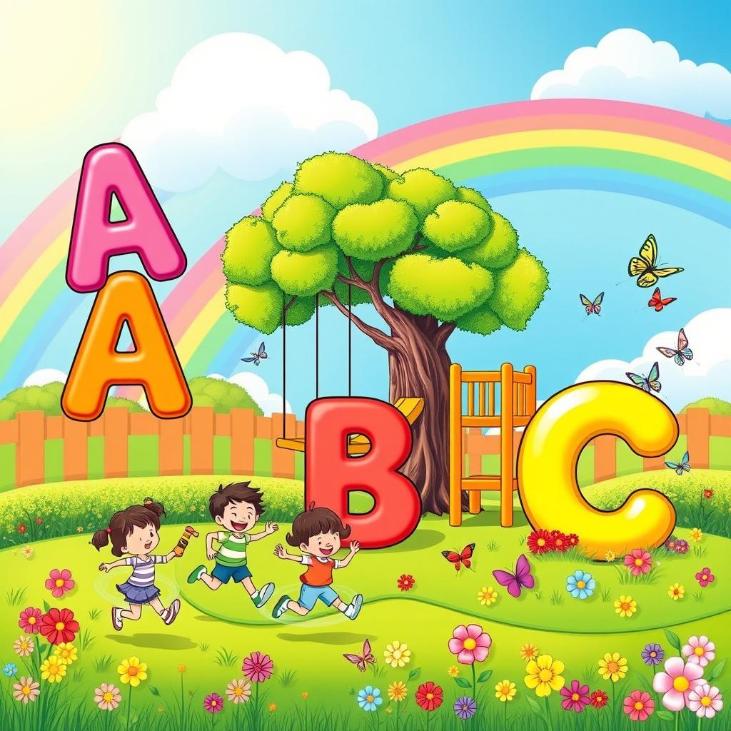 A vibrant and playful playground scene for a coloring book cover, featuring cheerful, colorful letters of the alphabet floating in the air like balloons