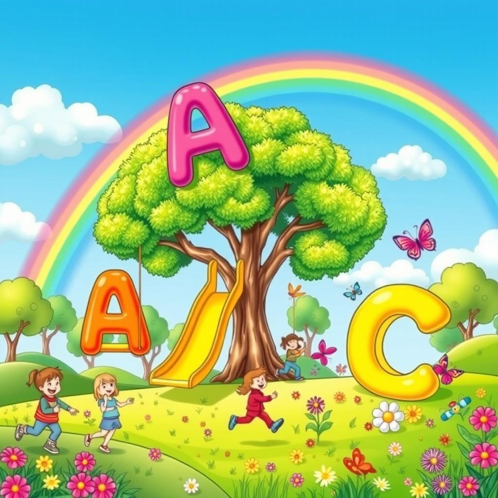 A vibrant and playful playground scene for a coloring book cover, featuring cheerful, colorful letters of the alphabet floating in the air like balloons