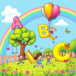 A vibrant and playful playground scene for a coloring book cover, featuring cheerful, colorful letters of the alphabet floating in the air like balloons