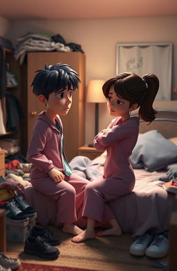 A 3D animation scene set in a messy bedroom, depicting a couple, Jungkook and a woman in pajamas, having a heated argument but ultimately reconciling