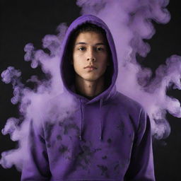 A young man wearing a vibrant purple hoodie with mysterious purple and black smoke swirling and enveloping him.