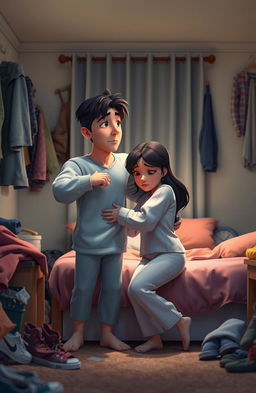 A 3D animation scene set in a messy bedroom, depicting a couple, Jungkook and a woman in pajamas, having a heated argument but ultimately reconciling