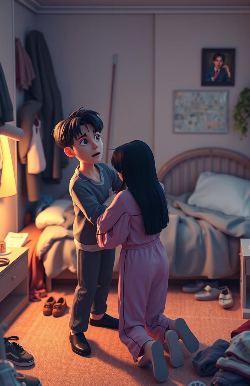 A 3D animation scene set in a messy bedroom, depicting a couple, Jungkook and a woman in pajamas, having a heated argument but ultimately reconciling