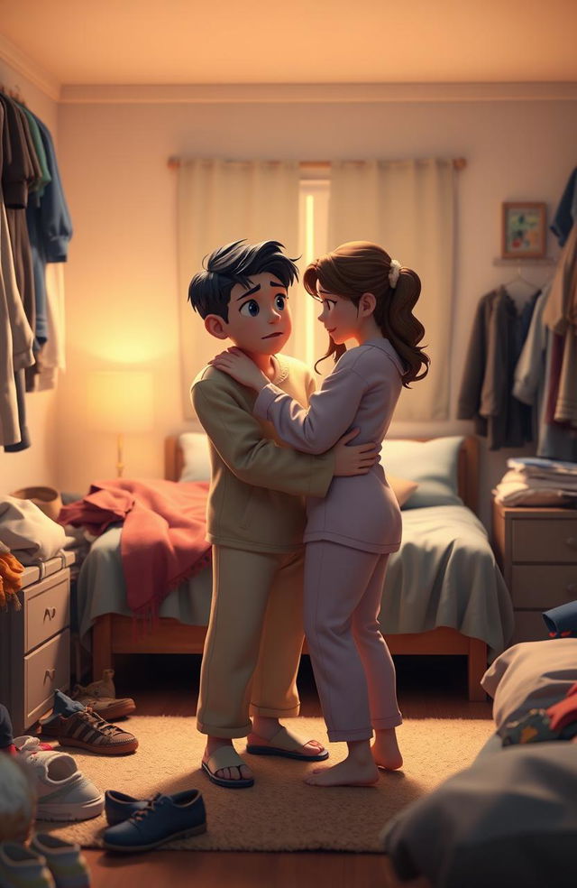 A 3D animation scene set in a messy bedroom, depicting a couple, Jungkook and a woman in pajamas, having a heated argument but ultimately reconciling