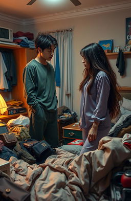 A messy bedroom scene depicting a couple, Jungkook and a woman, engaged in a heated but eventually reconciliatory argument